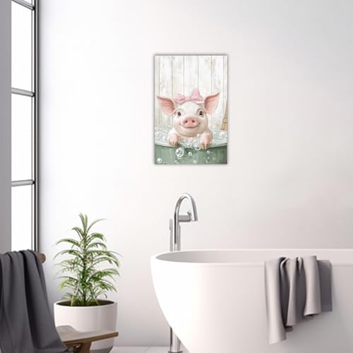 CHAOSETKEN Funny Pig Pictures for Bathroom Cute Pig in Bathtub Canvas Prints Pink Animal Bathing Painting Washroom Nursery Room Framed Wall Art (Grey,18L x 12W) by CHAOSETKEN - Used condition - Image 3
