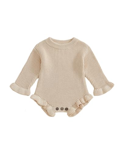 Newborn Baby Ruffle Sweater Romper Fall Winter Long Sleeve Crewneck Knit Sweater Onesie Infant Warm Knit Romper (02Beige, 0-3 Months)