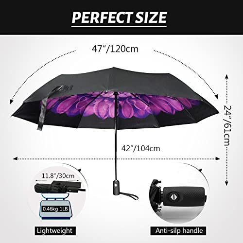 Llanxiry Umbrella Windproof Travel Umbrellas For Rain Black Folding Umbrellas 10 Ribs Automatic Strong Portable Wind Resistant Backpack Umbrella For Men And Women (Purple Daisies) #TOP3