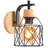 iDEGU Aplique de Pared Retro, 15CM Vintage Lámpara de Pared Interior de Madera Hierro Diseño Jaula Creativo Luz de Pared Industriale E27 Iluminación de Pared para Dormitorio Salón Pasillo (Negro)