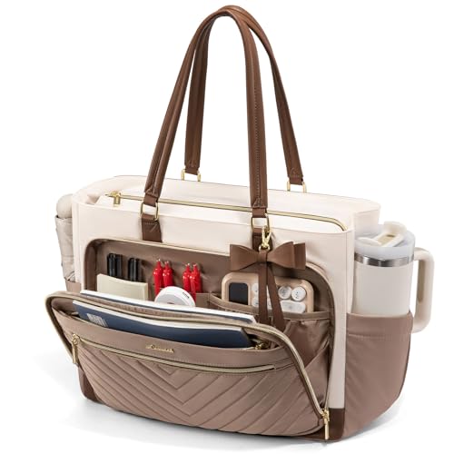 Image of LOVEVOOK Laptop Tote Bag for Women, Work Bag Teacher Tote with Large Cup Holder, Quilted Nurse Diaper Bag for Travel, College Computer Women's handbags for Teacher gift, Khaki-beige-coffee, 15.6 Inch
