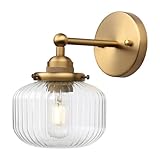 Yosoan Brass 1-Light Indoor Modern Wall Sconce, Vanity Boho Modern Gold Single Vintage Industrial Wall Mount Fixture with Striped Glass Shade for Bathroom Kitchen Mirror Bedroom Dinning Room(Antique)