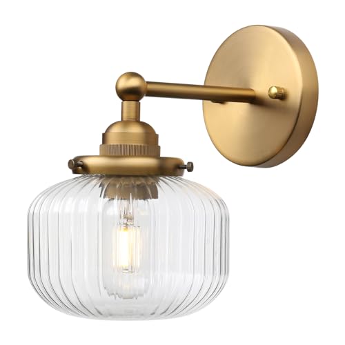 Image of Yosoan Brass 1-Light Indoor Modern Wall Sconce, Vanity Boho Modern Gold Single Vintage Industrial Wall Mount Fixture with Striped Glass Shade for Bathroom Kitchen Mirror Bedroom Dinning Room(Antique)