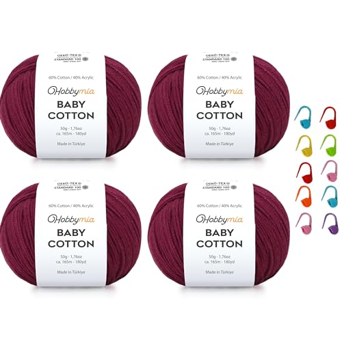 Image of Baby Cotton Blend Yarn - Soft Sport Weight Yarn for Crochet & Amigurumi - 50g /180yds - 60% Cotton 40% Acrylic - Ideal for Baby & Knitting Proj. & 10 Stitch Markers(Claret Red, 4 Balls)