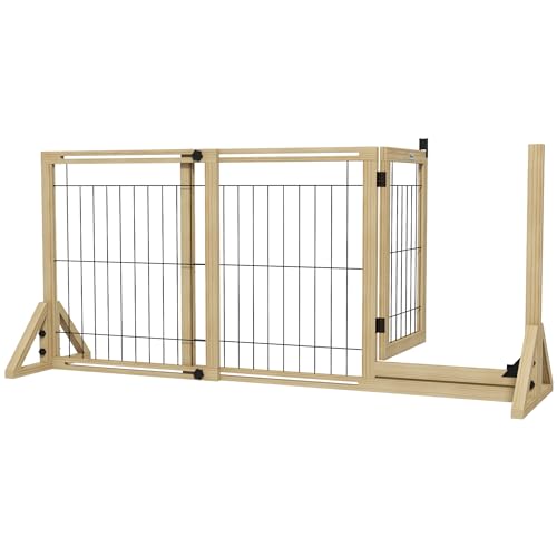 PawHut Cancellino per Cani Estensibile, Cancelletto di Sicurezza per Animali e Cuccioli con Porta e 2 Pannelli, Piedini Triangolari, 112-159x70 cm, Legno Naturale