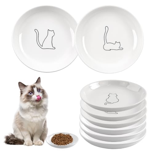 6 Pack Cat Food Bowl, Ceramic Cat Bowls, Anti Whisker Fatigue Cats Bowl Set,5.5 Inches Shallow Wide Kitten Plates for Food and Water (White-B)