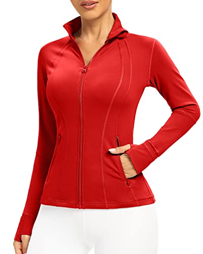 QUEENIEKE Women's Slim Fit Running Jackets - Long Sleeves Athletic Workout Gym Tops with Back Mesh Vent & Thumb Holes