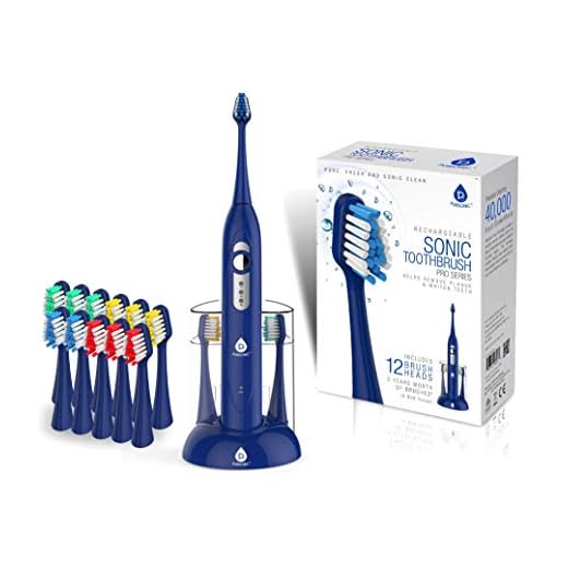 Pursonic S430 High Power Rechargeable Electric Sonic Toothbrush with 12 Brush Heads & Storage Charger, Blue