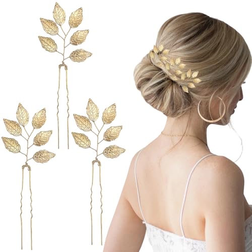 3-teilige Haarnadeln in Goldoptik, U-förmige Braut-Haarclips, Metall-Haarschmuck mit Blattmotiv für Hochzeiten, Frauen, Brautjungfern, Gäste und Partyfrisuren