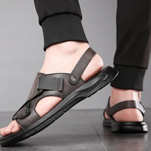 Image of Men'S Pu Leather Flat Sandals With Adjustable Dual-Use Ankle Straps Comfortable Breathable Open-Toe Slip-On Sandals, Soft Casual Sliding Slippers