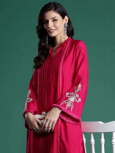Image of INDO ERA Women's Red Embroidered Silk Blend Straight Co-Ord Set (IESTR6841)