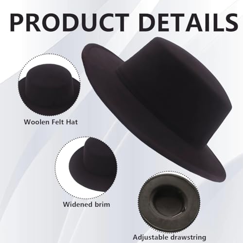 Klassischer Unisex-Fedora-Hut aus Wollmischgewebe, Flache Kirche, Derby-Kappe, breite Krempe, klassischer Pork Pie-Hut, perfekt für Hochzeit, Party, Talentshow, Performance, Schwarz, Schwarz, 22-23