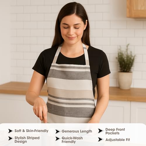 Image of Unisex Cooking Aprons | Waterproof Apron | Striped Design with 2 Front Pockets & Adjustable Neck Strap | Durable, Oil & Stain Resistant | Chef Apron for Cooking