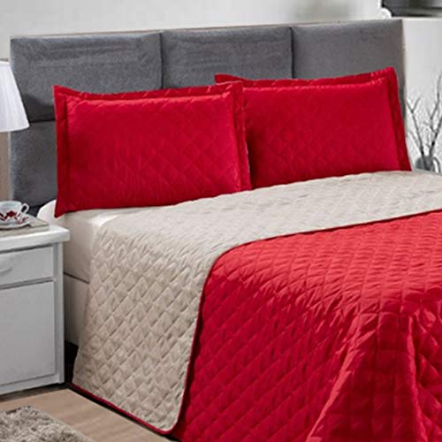 KIT COBRE LEITO QUEEN DUPLA FACE NOBRE 3 PEÇAS VERMELHO E BEGE CASA DONA