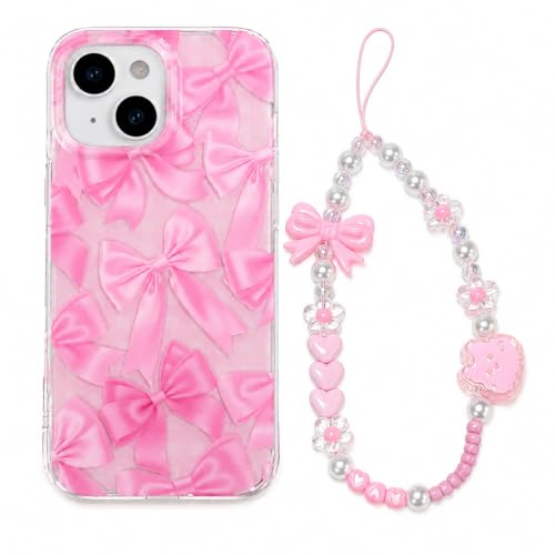 Coque iPhone 15 rose paillettes scintillantes avec chaîne amovible et coins renforcés antichoc