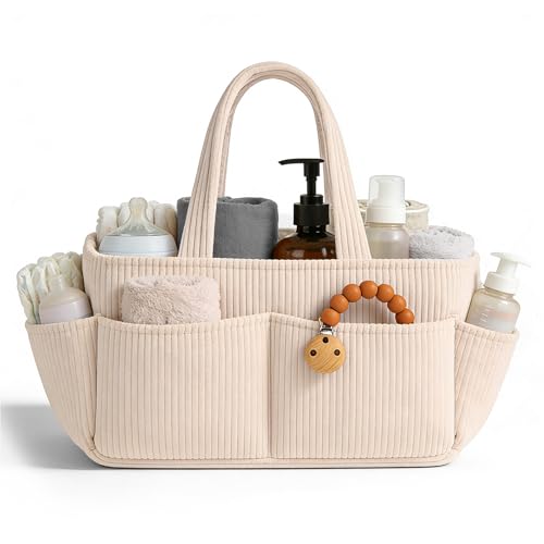 Indrnif Panier à langer en velours côtelé pour table à langer, organiseur de couches pour bébé avec compartiments interchangeables, panier de rangement élégant pour chambre d'enfant (rose clair)