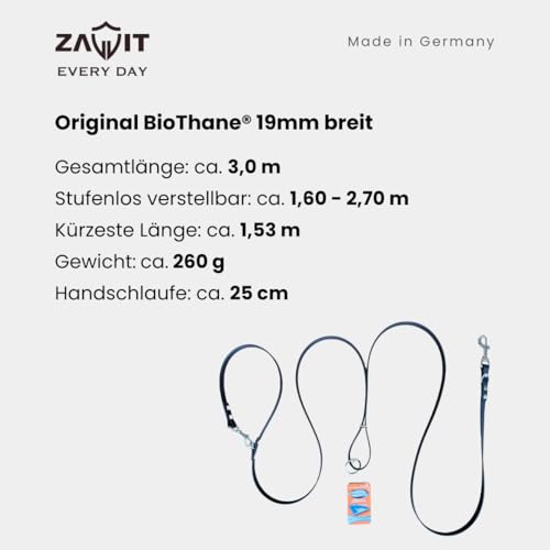 ZAVVIT - Hundeleine Biothane 3m verstellbar - stufenlos – 19mm breit, für 1 oder 2 Hunde – stilvoll, robust & wasserfest (Schwarz, 3m lang, 19mm breit, 260g)