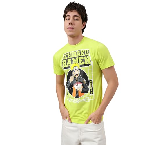 Image of Free Authority Official Naruto Shippuden:Ichiraku Ramen Anime Graphic Print Pure Cotton Green Regular Fit Tshirt for Men