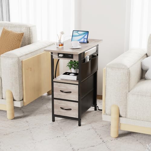 Yenlure Small Side Table with Charging Station, Narrow Nightstand Bedside Tables with Storage Pocket for Living Room Bedroom, Sofa End Table with USB Ports and Power Outlets for Small Spaces, Greige by Yenlure - Used condition - Image 6