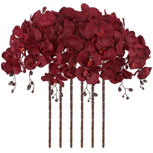 ICBOX 41in Orchids Artificial Flowers Faux Orchid 6PCS Velvet Silk Orchids That Look Real Long Stem Artificial Flowers for Tall Vase for Home Wedding Party Fall Décor (Burgundy)