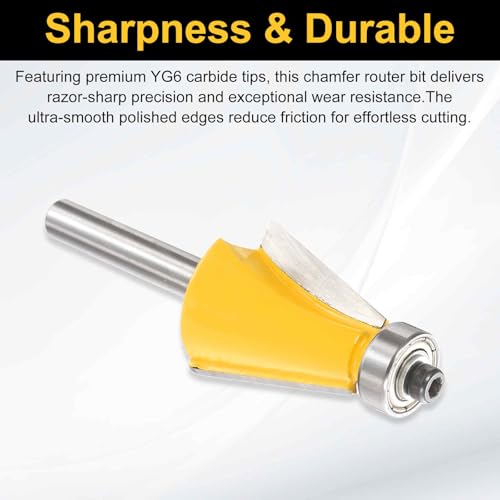 Image of HARFINGTON 15 Degree Chamfer Router Bit 1 /4 Inch Shank 1 inch Cutting Length Carbide Tip with Bearing for Woodworking Milling Cutter Tool, Yellow