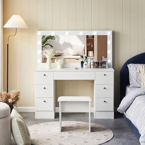 Vicco Dressing Table "Gesa", White, 60 Cm With LED Mirror In 3 Shades Of White Dimmable