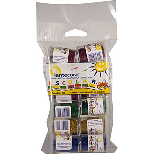 Lantecor 53353, Glitter, PVC, Kit 6 Cores Sortidas Potes 3 g, Multicolor, Pacote de 12