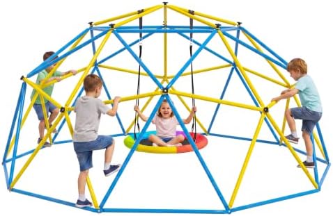 Climbing Dome with Rainbow Saucer Swing, 10FT Indoor Jungle Gym for Kids