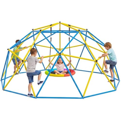 Climbing Dome with Rainbow Saucer Swing, 10FT Indoor Jungle Gym for Kids
