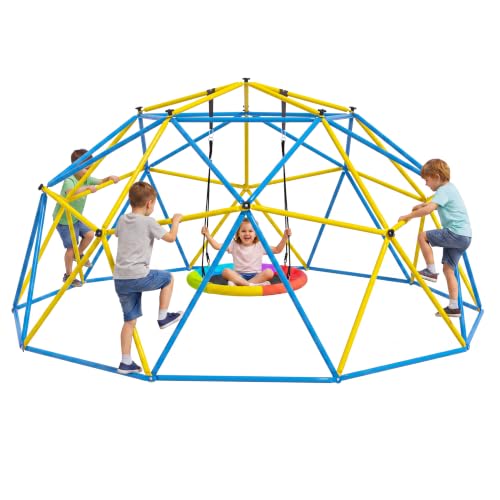 Climbing Dome with Rainbow Saucer Swing, 10FT Indoor Jungle Gym for Kids