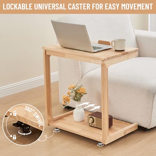Image of Uniclinens Couch Tables that Slide Under - Rolling Side Table C Shape, Wooden Slim Sofa Desk with Wheels, Small TV Tray for Laptop Multi-Purpose Living Room Bedroom, Natural