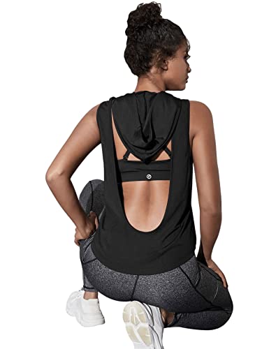 Sweatyrocks Women's Sleeveless Hooded Tank Top Backless Sports Yoga Tops Black L #TOP21