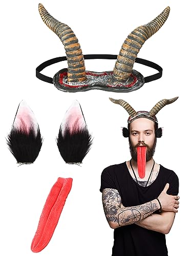 Lyrow 3 Pcs Christmas Krampus Accessory Christmas Costume Set Includes Antelope Horn Headband Horns Cosplay Fake Tongue Props Anime Ear Hair Clips Ear Barrettes for Women Men Adult Party Photo Booth