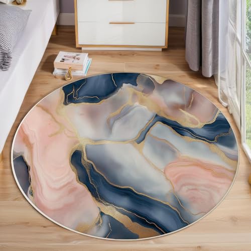 Tapis rond motif abstrait en marbre bleu avec rayures dorées