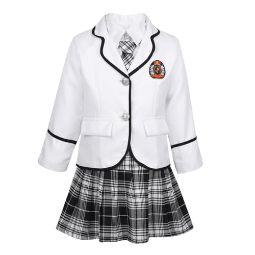 Yiesvsov Girls British Style School Uniform Kids Long Sleeve Coat with Shirt Tie Mini Skirt Anime Costume Suit White 12-14 Years