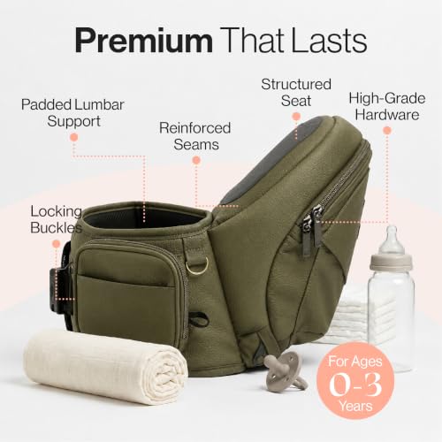 Image of Tushbaby Original Hip Seat Baby Carrier for Babies & Toddlers up to 45 lbs, Safety Certified, Lightweight No-Foam Design with Storage, Olive