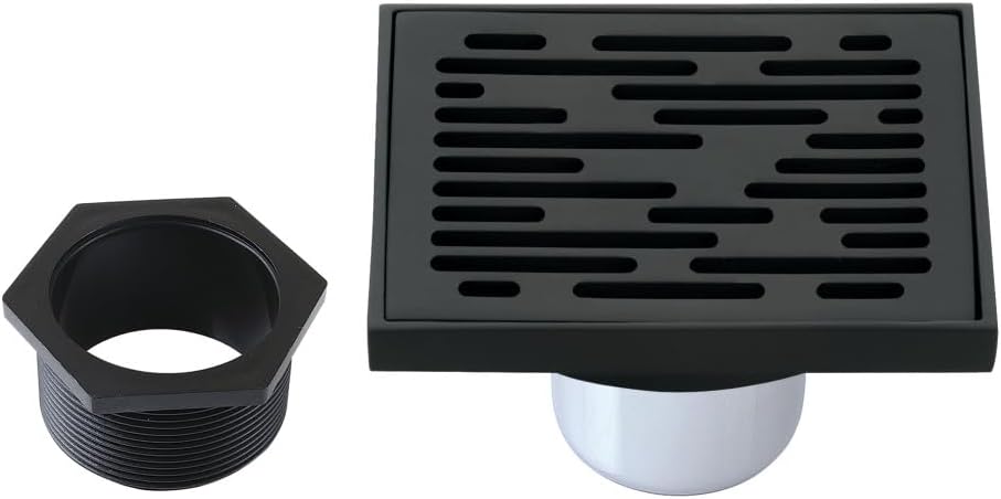 Transit 4" Brass Square Grid Shower Drain with Hair Strainer, Matte Black