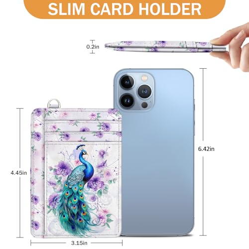 Image of Yonlevres Peacock Credit Card Holder Slim RFID Wallet Women Small Travel | Front Pocket, Handy, RFID Blocking, Woman Girls Ladies Gifts, D-ring for Keychain,Thin Mini Card Case, ID Window, PU Leather