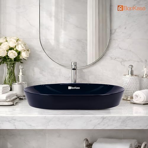 Image of BONKASO Capsule Table Top Wash Basin for Bathroom | Premium Fully Glazed Ceramic Vessel Sink | 55D x 40W x 13H Big Size | Glossy Black Designer Finish