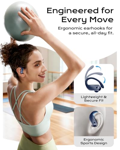 Image of Wireless Earbuds Bluetooth 5.3 Sport Headphones with Earhooks,IPX7 Waterproof Earphones,48H Playtime Earbuds,Lightweight 7.8g,Noise Cancelling Mic Bluetooth Headphones for Running & Workout (Navy)