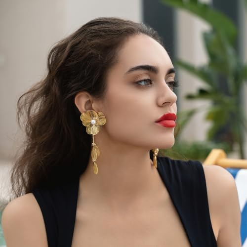 14K Gold Plated Statement Flower Earrings for Women Boho Statement Floral Prom Formal Earrings Lightweight Chunky Pearl Floral Petal Dangly Earring Christmas Stocking Stuffers Jewelry Gifts4