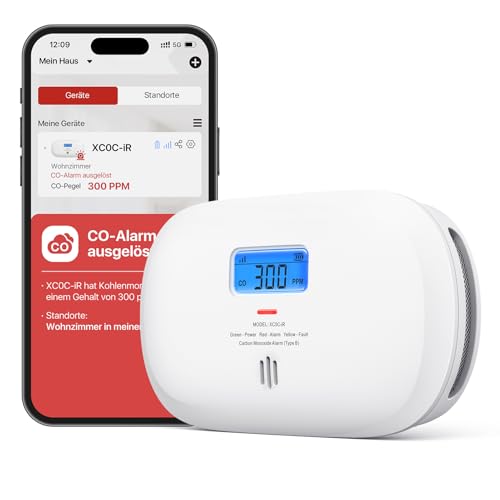 X-Sense Smart Kohlenmonoxid Melder XC0C-iR, TÜV Rheinland Zertifiziert, Stummschaltung per App, CO Melder mit LCD-Digitalanzeige, Kohlenmonoxidmelder mit austauschbarer Batterie, 1 Stück