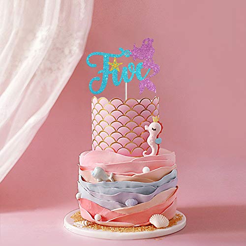 Mermaid Five Cake Topper, Happy 5Th Birthday Cake Decor, I'm Five Sign, Little Mermaid Birthday Party Decoration Supplies, Daughter Of The Sea, Under The Sea Themed, Ocean Themed - Glitter #TOP3