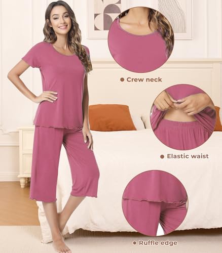Image of NACHILA Women's Bamboo Viscose Pajama Sets Summer Cooling Short Sleeve Capri Soft Pjs Night Sweats Moisture Wicking Sleepwear