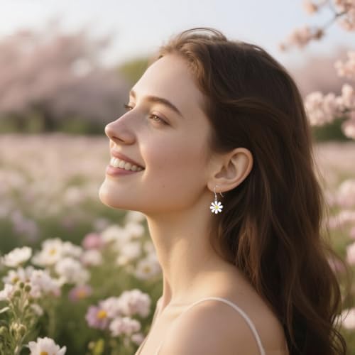 SLUYNZ 925 Sterling Silver White Flower Dangle Earrings for Women Teen Girls Daisy Flower Drop Earrings Summer Spring2