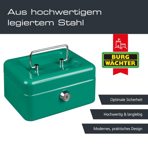 Burg-Wächter Geldkassette abschließbar mit Schlüssel und Hartgeldeinsatz, Klein, Stahlblech, Money 5015, Türkis-Grün