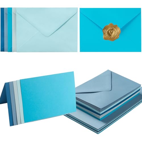 50 Pack Blue A6 Envelopes with Blank Cards Set, Envelopes 5 Colors with 4x6 Cardstock and Gold...