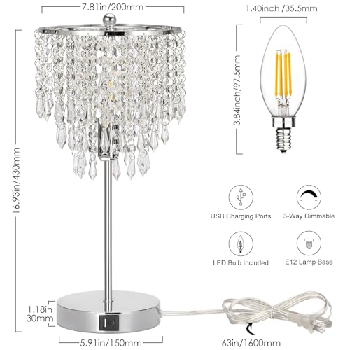 Touch Control Crystal Table Lamp with USB C+A Charging Ports, 3-Way Dimmable Bedside Touch Lamp Decorative Nightstand Lamp with Elegant Lampshade for Living Room Bedroom, B11 LED Bulb Included - Thumbnail 2