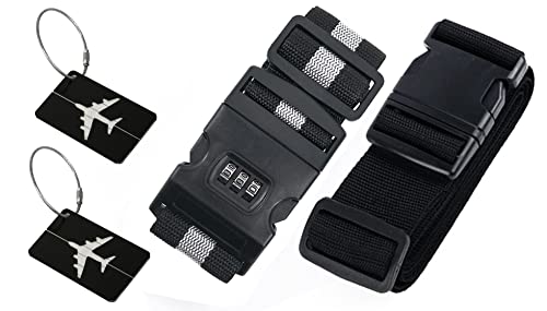 Aggroot Sangle de Bagage Lot de 2 Sangle Valise Réglables avec Etiquettes à Bagage, Sangle Valise Voyage avec Serrure à Combinaison et Boucle, Accessoires de Voyage pour Valise de 20-32 Pouces Cover