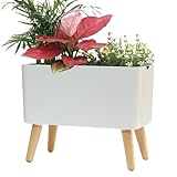13.5 Inch Indoor Decorative Planter Pot with Solid Wood Legs, Self Watering Pots with Water Shortage Alarm Plant Pot for Modern Flower Planter for Home & Garden(White)